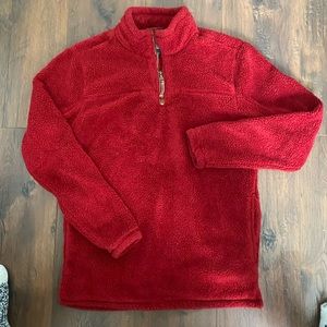 red fluffy ‘teddy bear’ quarter zip with pockets